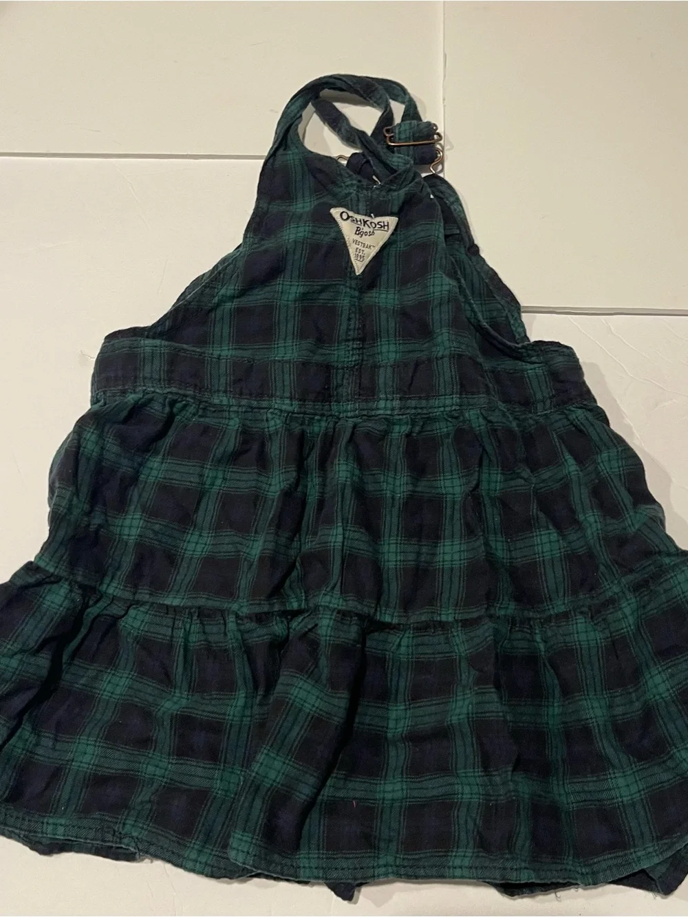 OshKosh B'gosh 4t Green and navy Plaid Girls' Pinafore overall dress tiered
